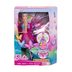 Barbie – ali scintillanti, bambola dai capelli viola, trasformazione 2 in 1 da ballerina a farfalla con ali apribili><noscript><img width=