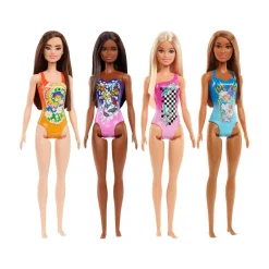 Barbie – beach assortita diversi modelli, bambola con look da mare, costume intero con stampa trendy> Fashion Dolls