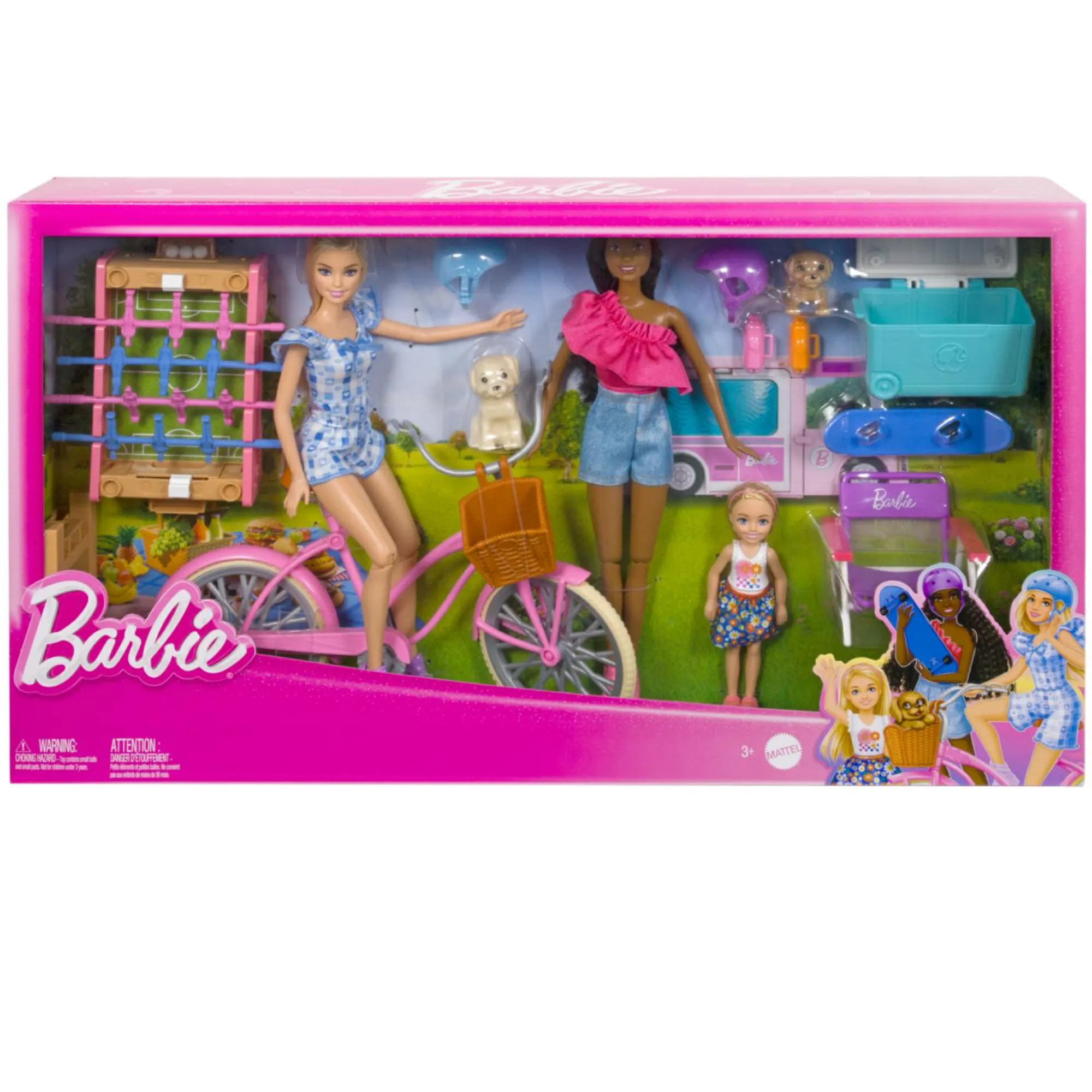 Barbie – divertimento in giardino, set con 3 bambole, 2 cuccioli, bicicletta, skateboard e accessori> Fashion Dolls