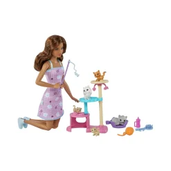 Barbie – giochi dei cuccioli, playset con bambola castana, 1 gatto e 4 gattini, casetta ad albero e accessori inclusi> Fashion Dolls