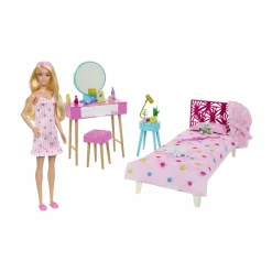 Barbie – set camera da letto di , include una bambola in pigiama rosa e pantofole, un gattino, letto, specchiera e comodino, 20+ accessori a tema, 3+ anni, hpt55> Fashion Dolls