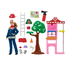 Barbie carriere – vigilessa del fuoco, playset con bambola e caserma dei pompieri, include 2 cuccioli con effetto cambia colore><noscript><img width=