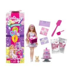 Barbie party unboxed – birthday bows serie compleanno del cucciolo, bambola con 10 accessori a sopresa ed effetto cambia colore> Fashion Dolls