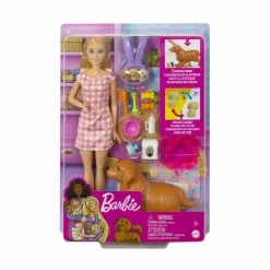 Barbie , playset cuccioli appena nati con bambola bionda, cane che partorisce, 3 cuccioli e funzione cambia colore e accessori per accudirli, giocattolo per bambini 3+ anni><noscript><img width=