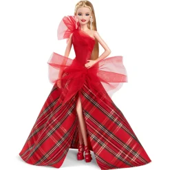 Barbie signature – magia delle feste 2024, bambola bionda con abito e gonna a quadri, confezione da esporre, regalo per le feste> Fashion Dolls