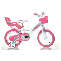 Bici bambina unicorn 14″ – colori arcobaleno, telaio in acciaio, freni anteriori e posteriori, cestino, portabambola per bambine dai 5 ai 7 anni> Biciclette Per Bambini