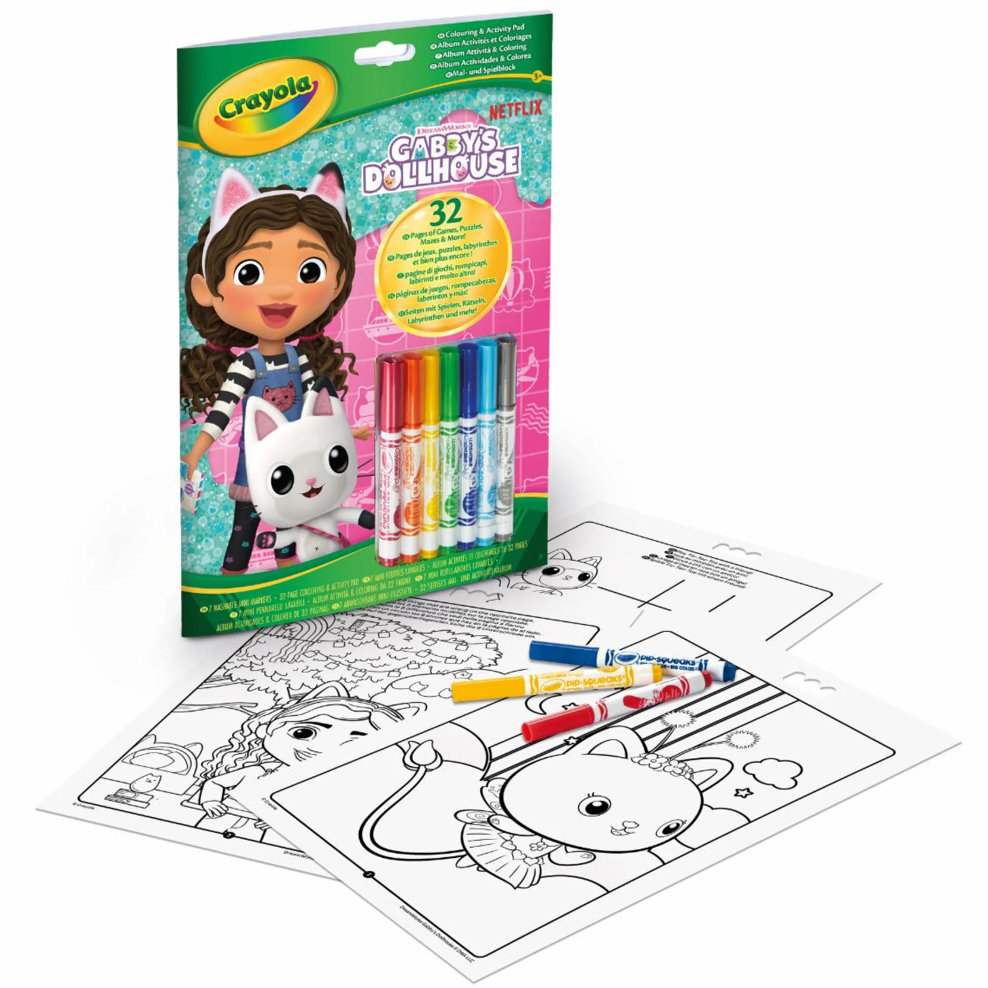 CRAYOLA – album da colorare con attività & coloring gabby’s dollhouse, 32 pagine da colorare e 7 mini pennarelli lavabili> Kit Artistici E Pittura