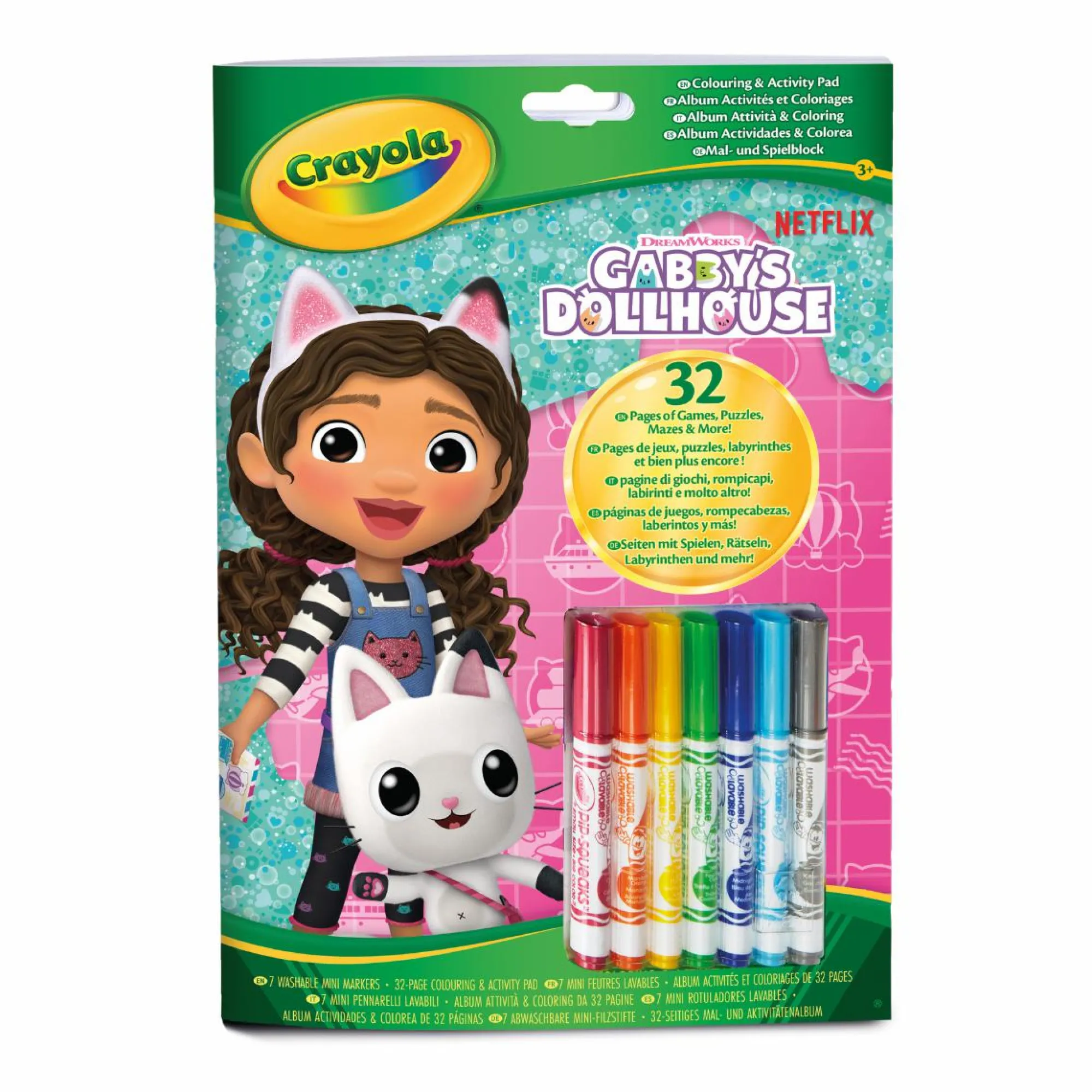 CRAYOLA – album da colorare con attività & coloring gabby’s dollhouse, 32 pagine da colorare e 7 mini pennarelli lavabili> Kit Artistici E Pittura