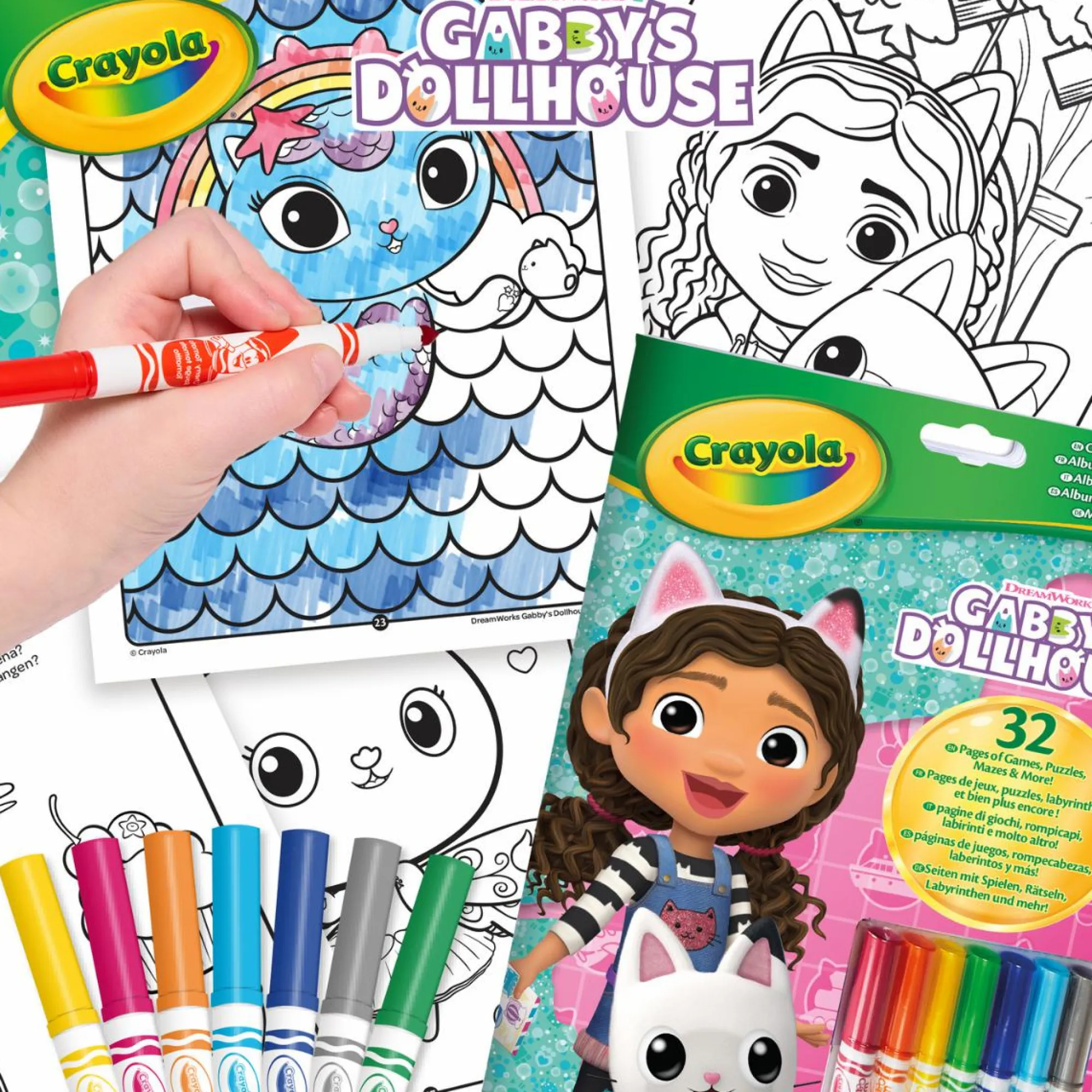 CRAYOLA – album da colorare con attività & coloring gabby’s dollhouse, 32 pagine da colorare e 7 mini pennarelli lavabili> Kit Artistici E Pittura