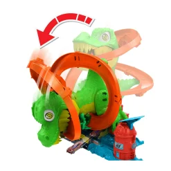 Hot Wheels city – t-rex battaglia infuocata, pista stazione dei pompieri con dinosauro occhi rotanti e camion> Garage E Circuiti