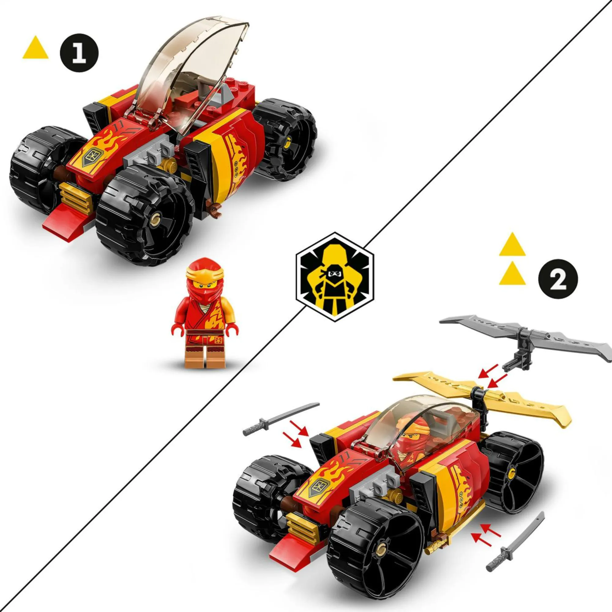 Lego ninjago 71780 auto da corsa ninja di kai – evolution, set 2in1 con macchina giocattolo e fuoristrada, giochi per bambini> Mattoncini