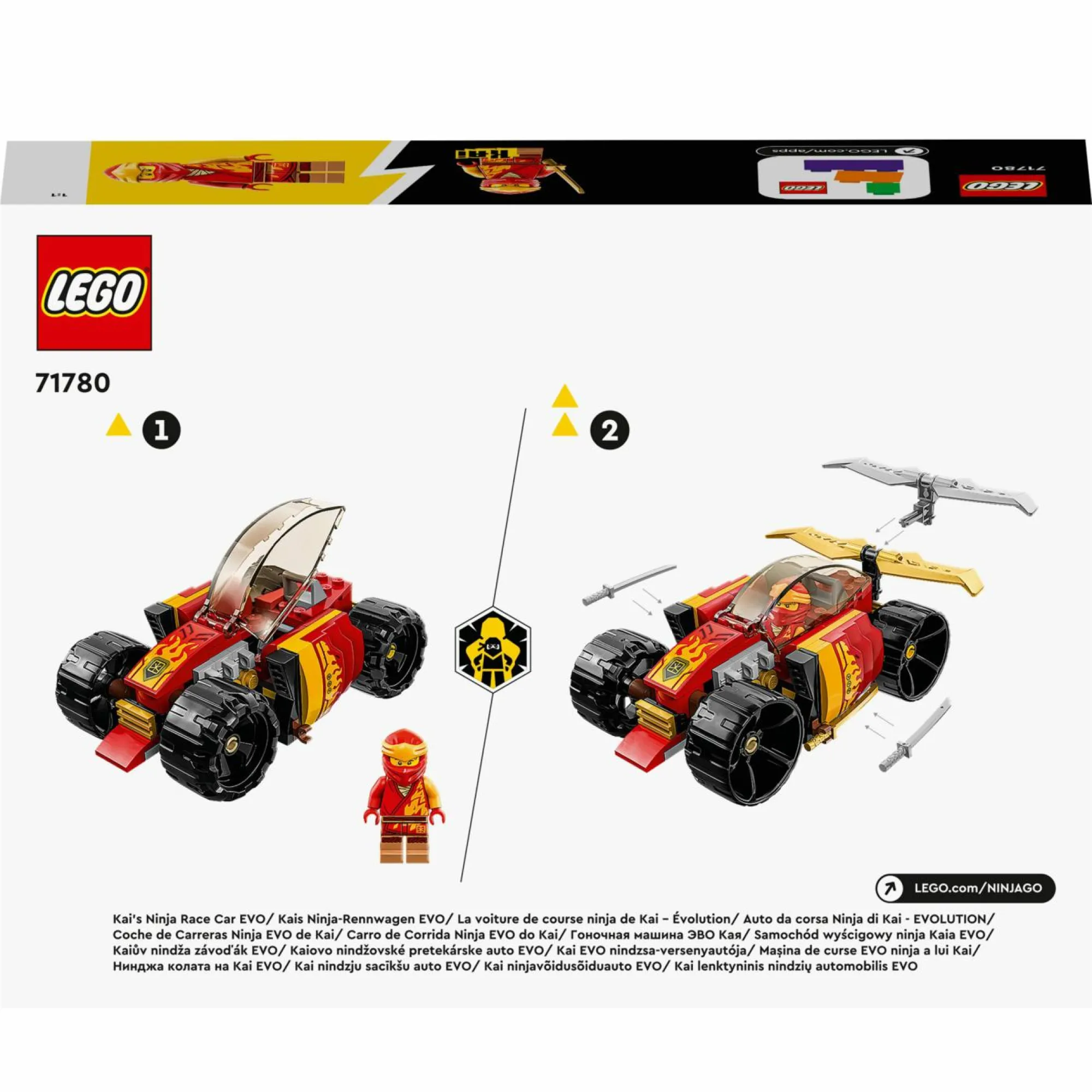 Lego ninjago 71780 auto da corsa ninja di kai – evolution, set 2in1 con macchina giocattolo e fuoristrada, giochi per bambini> Mattoncini
