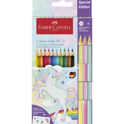 FABER-CASTELL Matite colorate colour grip –  edizione speciale unicorno –  10 matite colorate + 3 matite colorate metalliche – inclusi adesivi dei dinosauri> Cancelleria E Accessori