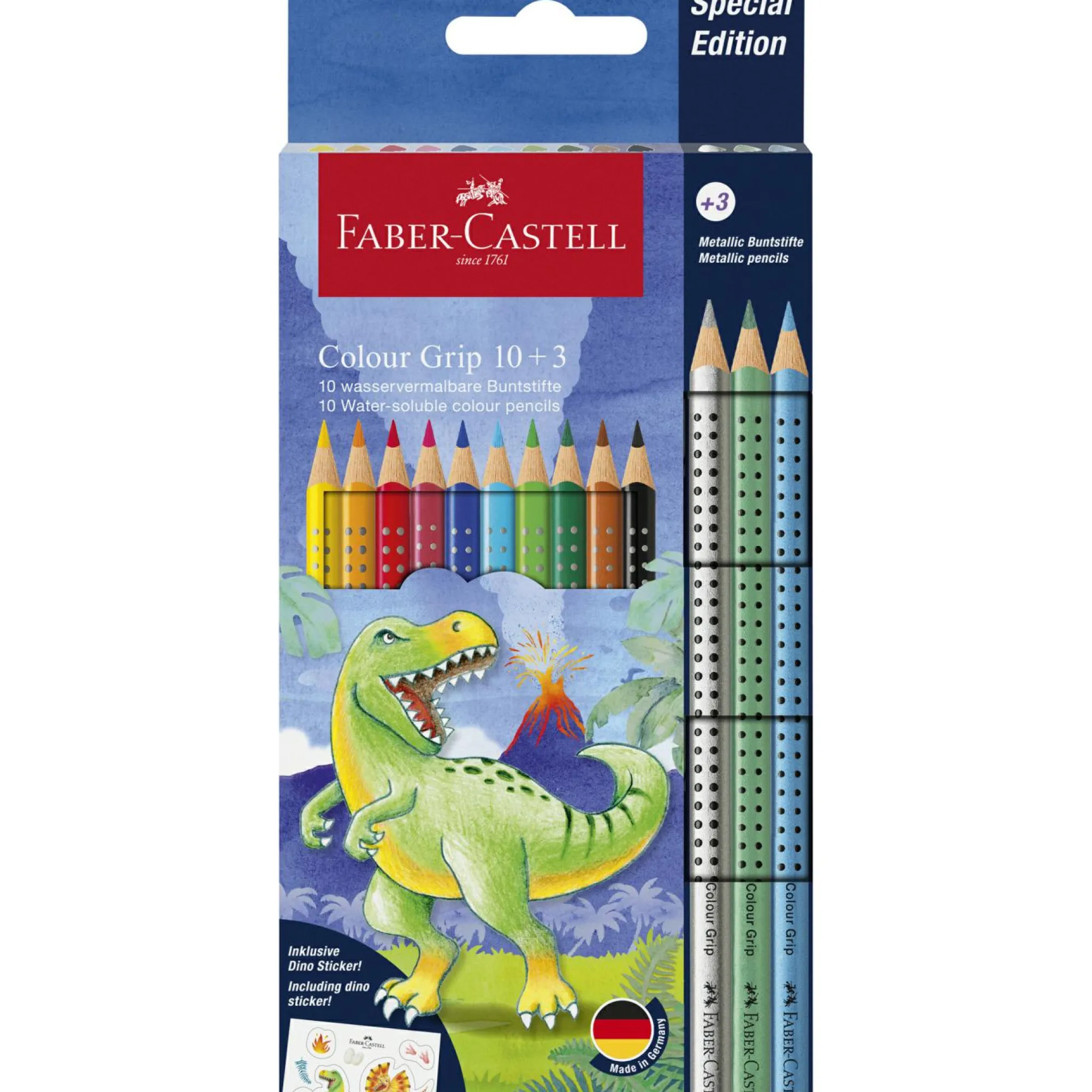 FABER-CASTELL Matite colorate colour grip –  edizione speciale dinosauro –  10 matite colorate + 3 matite colorate metalliche – inclusi adesivi dei dinosauri> Cancelleria E Accessori