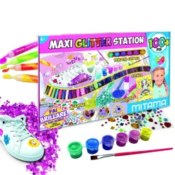 MITAMA Maxi glitter station 100 pezzi. contenuto : 29 polverine glitter, 6 tempera glitter, 1 pennello, 4 colle glitter, 3 colle per polverine glitter, 56 gemme, 4 stencil> Cancelleria E Accessori