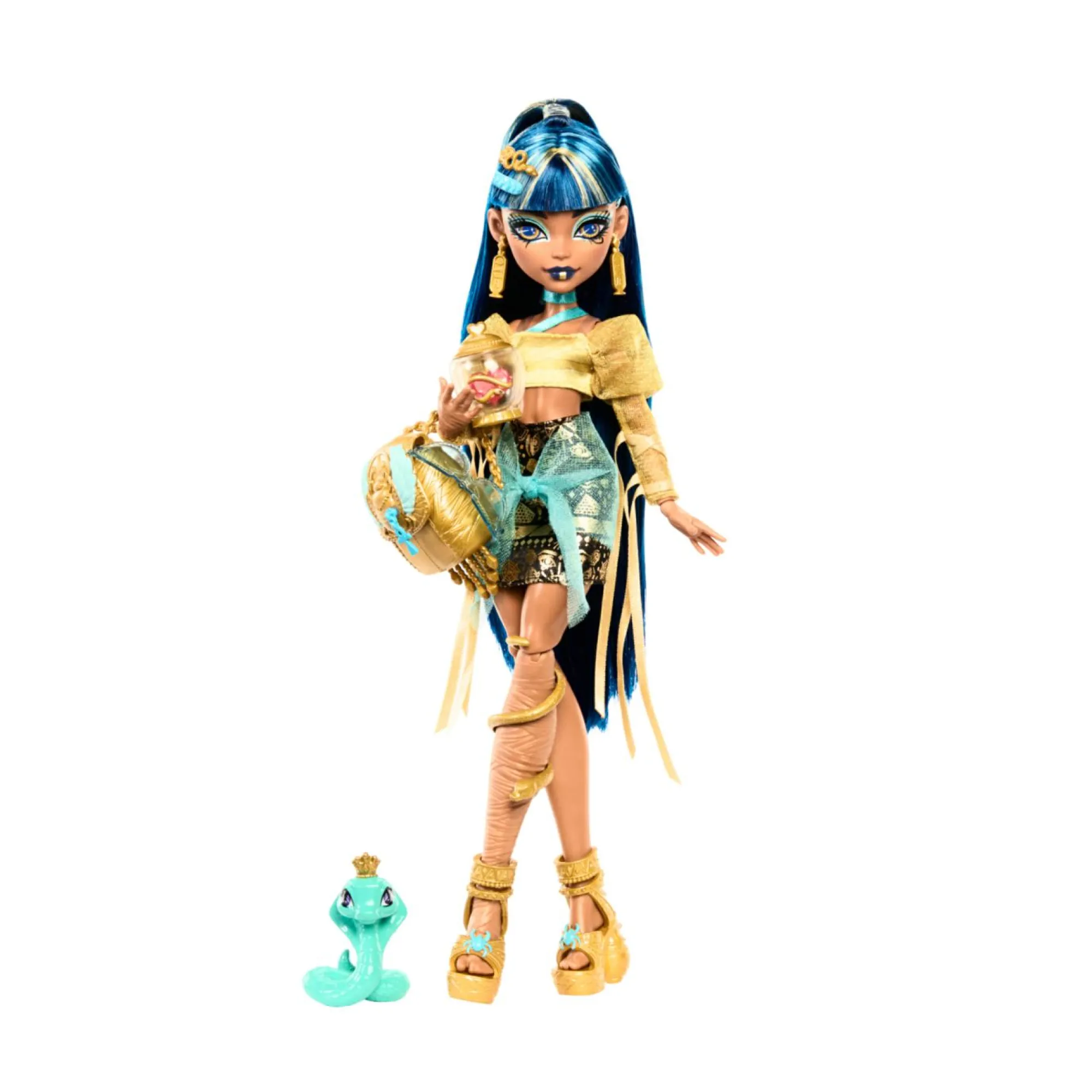 Monster High – cleo de nile, bambola con camicetta dorata e gonna a strati, cucciolo di cobra hissette e accessori> Fashion Dolls