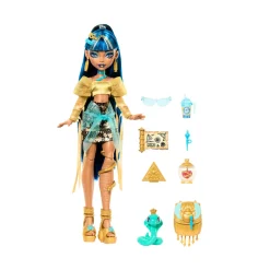 Monster High – cleo de nile, bambola con camicetta dorata e gonna a strati, cucciolo di cobra hissette e accessori><noscript><img width=