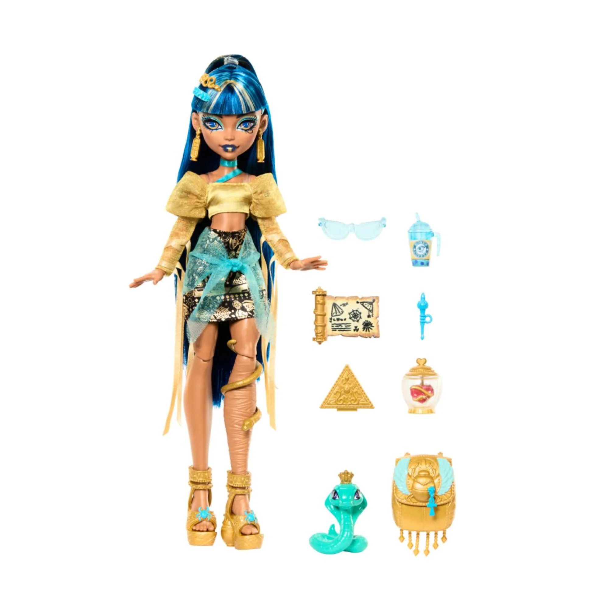 Monster High – cleo de nile, bambola con camicetta dorata e gonna a strati, cucciolo di cobra hissette e accessori> Fashion Dolls