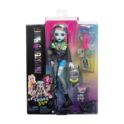 Monster High – frankie stein, bambola con giacca e shorts in denim, cagnolina watzie e accessori><noscript><img width=