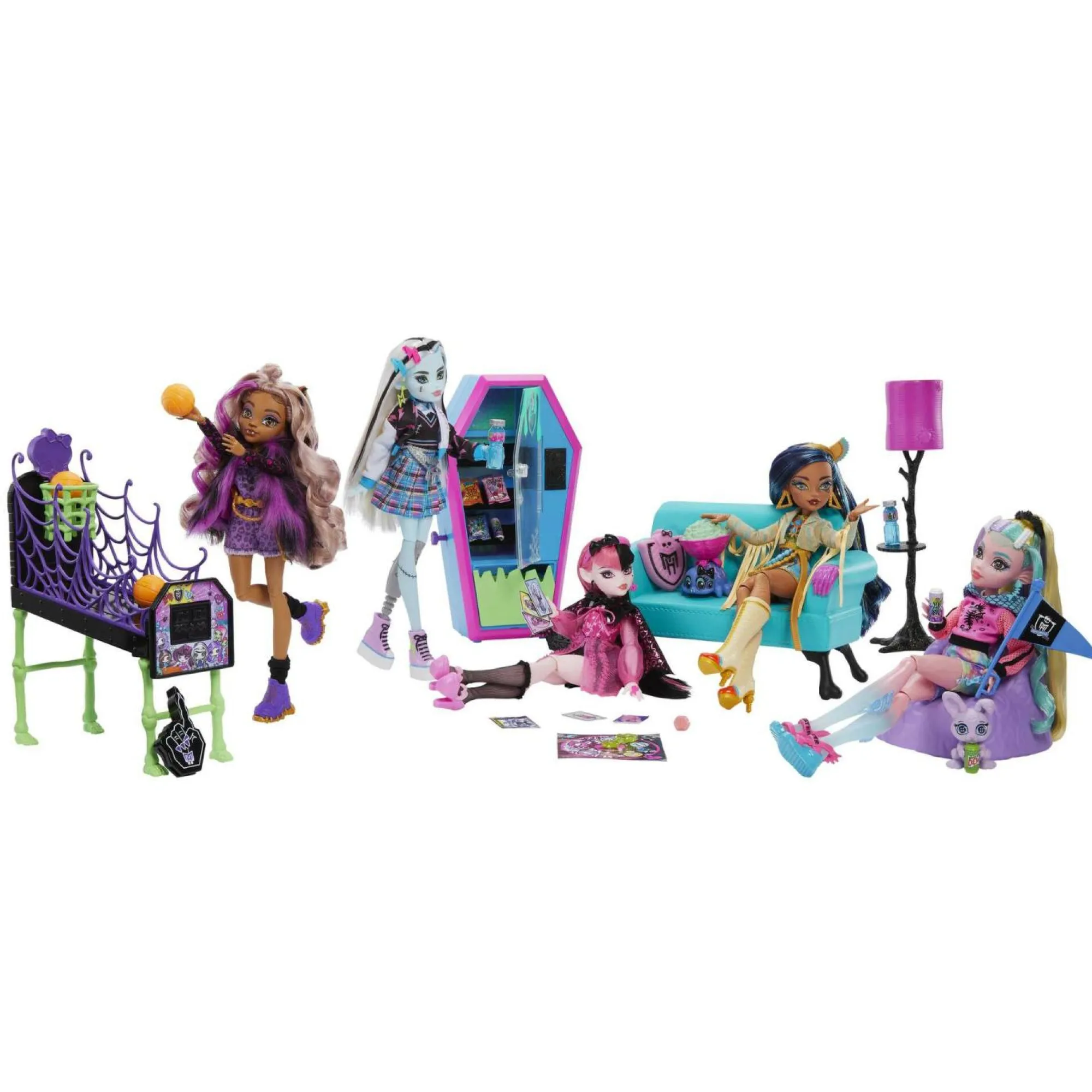 Monster High playset salone degli studenti con mobili, accessori a tema, 2 animali domestici e distributore automatico funzionante> Fashion Dolls