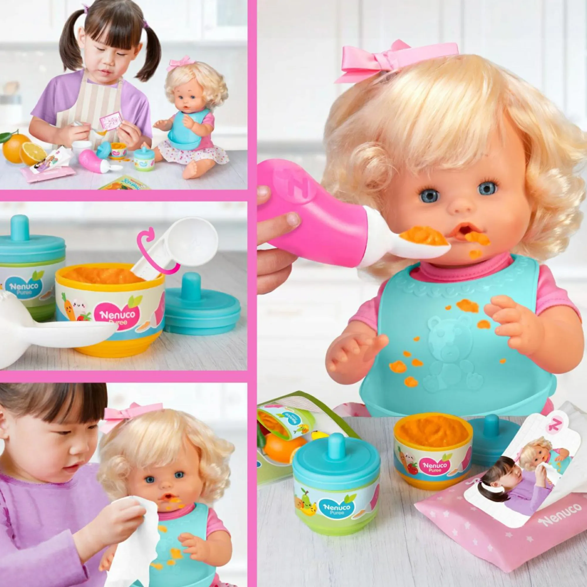 NENUCO prima pappa, bambola 35 cm capelli biondi, accessori per la prima pappa, per bambine/i dai 3 anni> Bambolotti