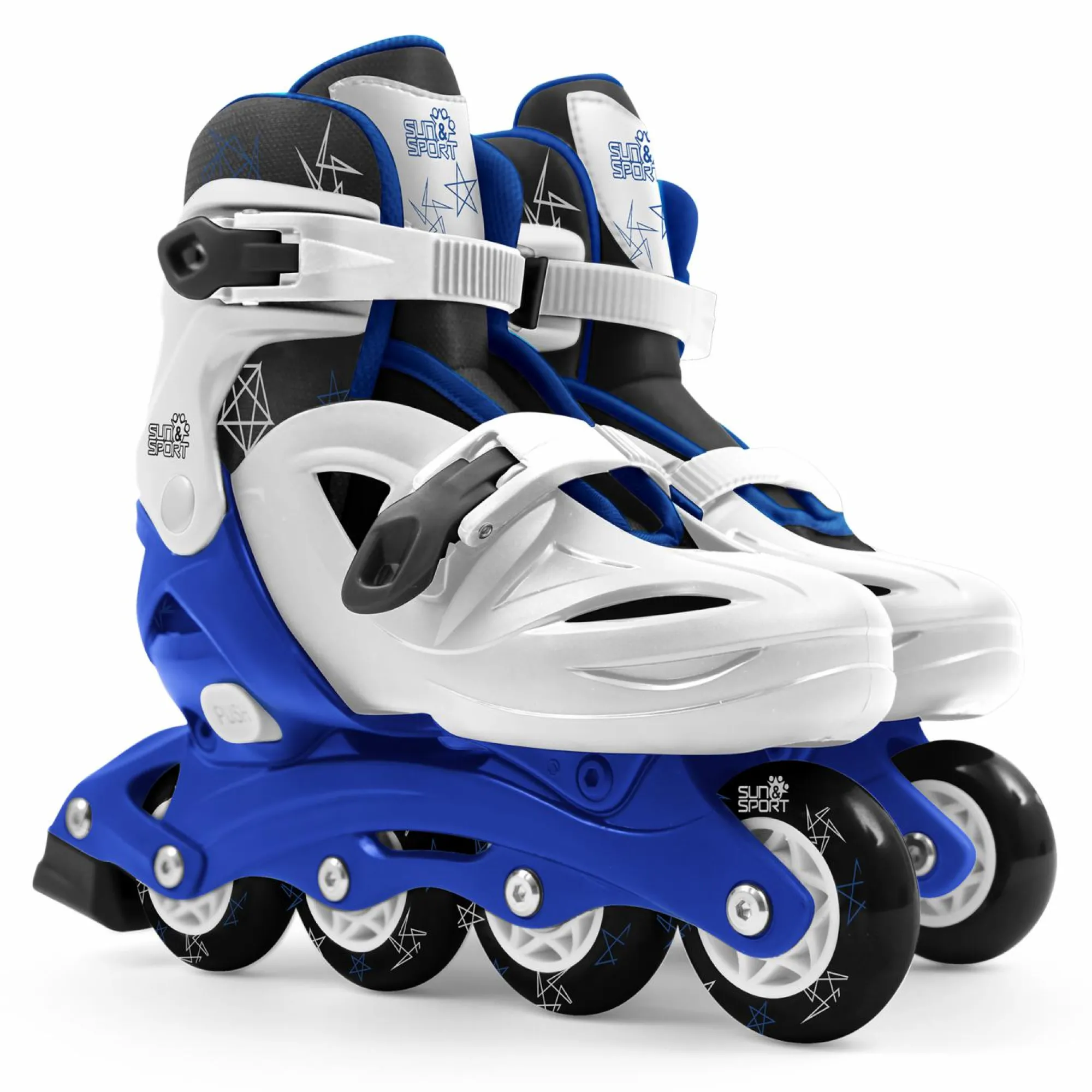 SUN&SPORT Pattini a 4 ruote con taglia regolabile e sistema frenante per bambini – misura 31-35, fibbie regolabili e imbottitura dello stivale – disponibile in blu e rosa> Pattini E Skateboard