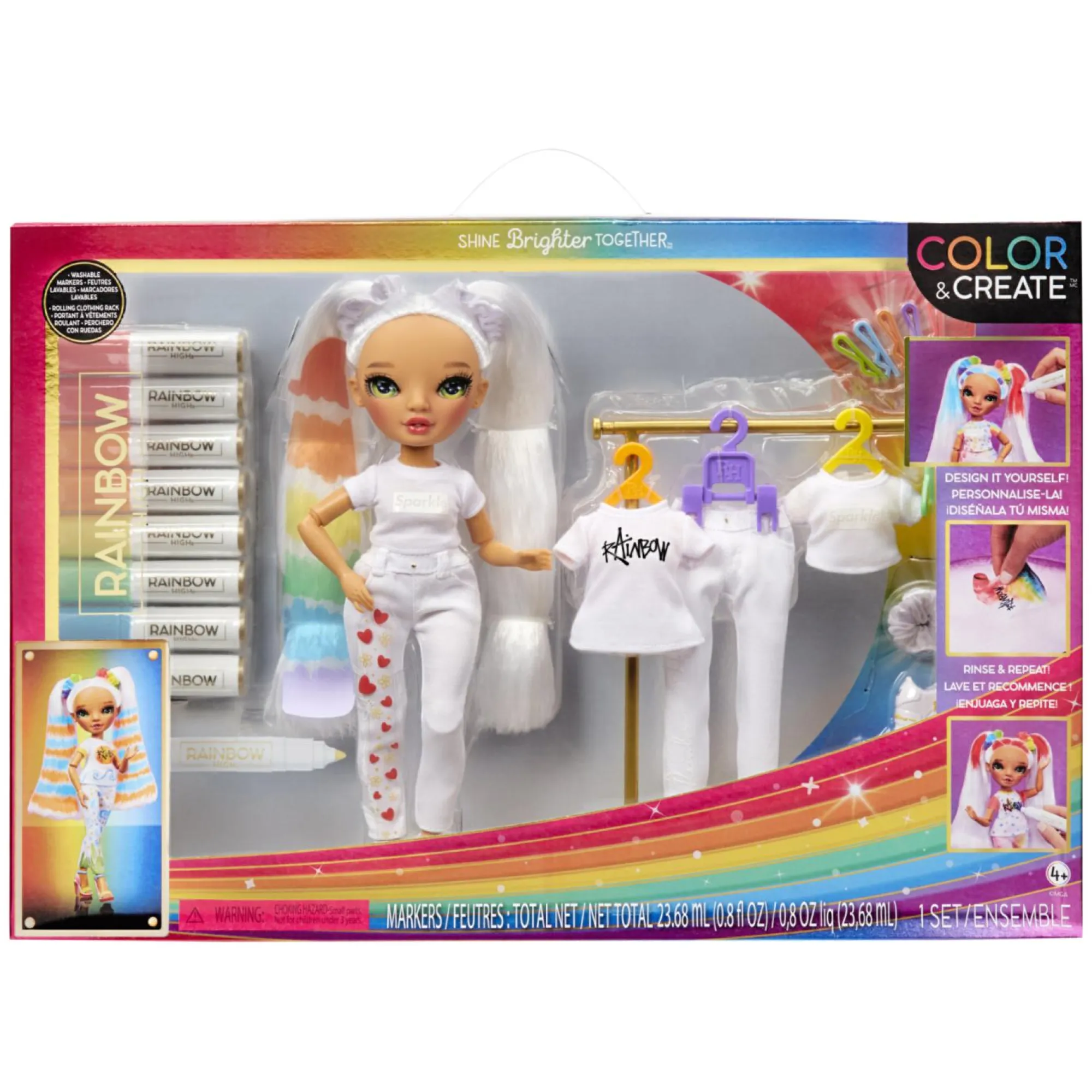 Rainbow High color & create diy fashion doll deluxe playset con pennarelli lavabili, occhi verdi, capelli lisci, vestiti bonus, portapacchi> Fashion Dolls