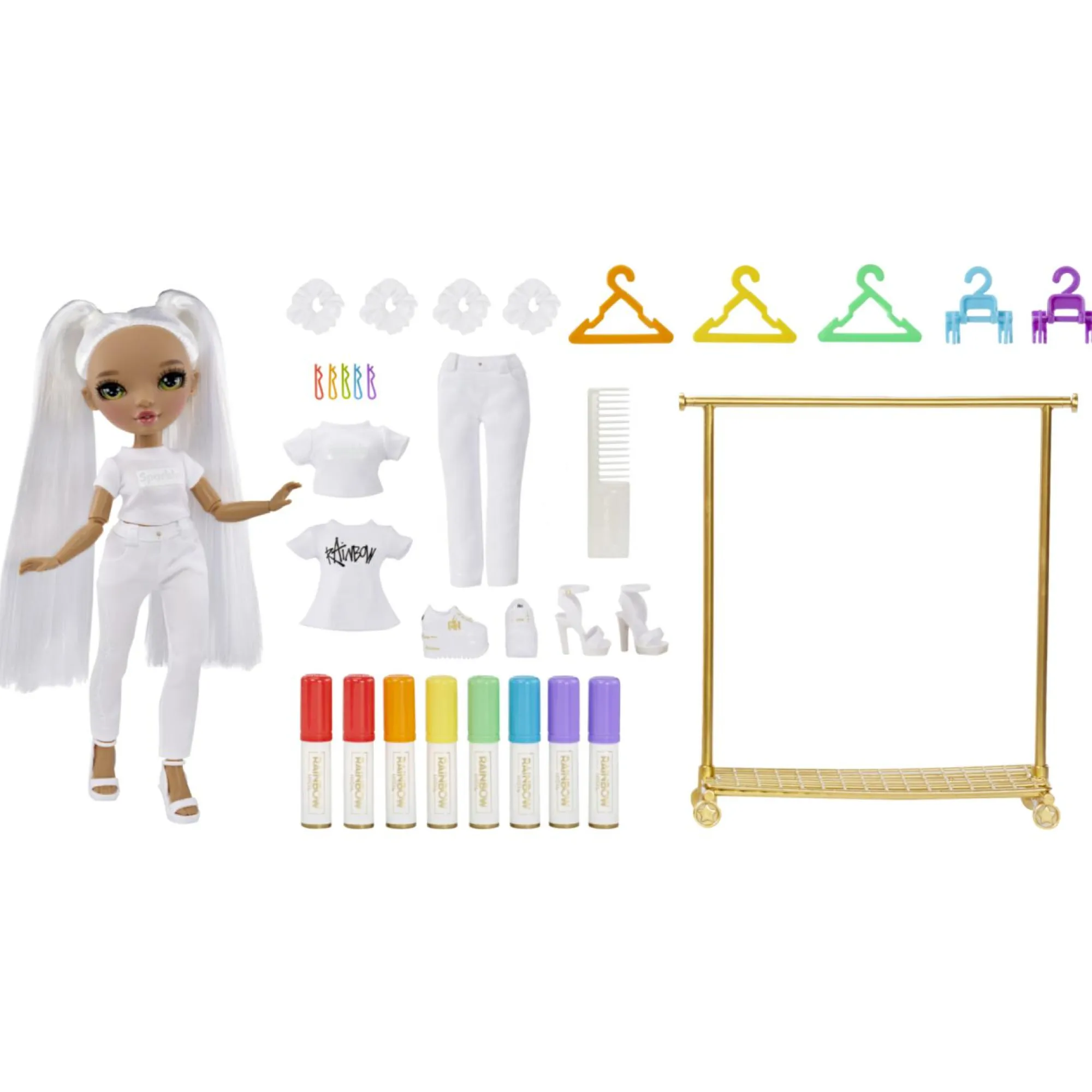Rainbow High color & create diy fashion doll deluxe playset con pennarelli lavabili, occhi verdi, capelli lisci, vestiti bonus, portapacchi> Fashion Dolls