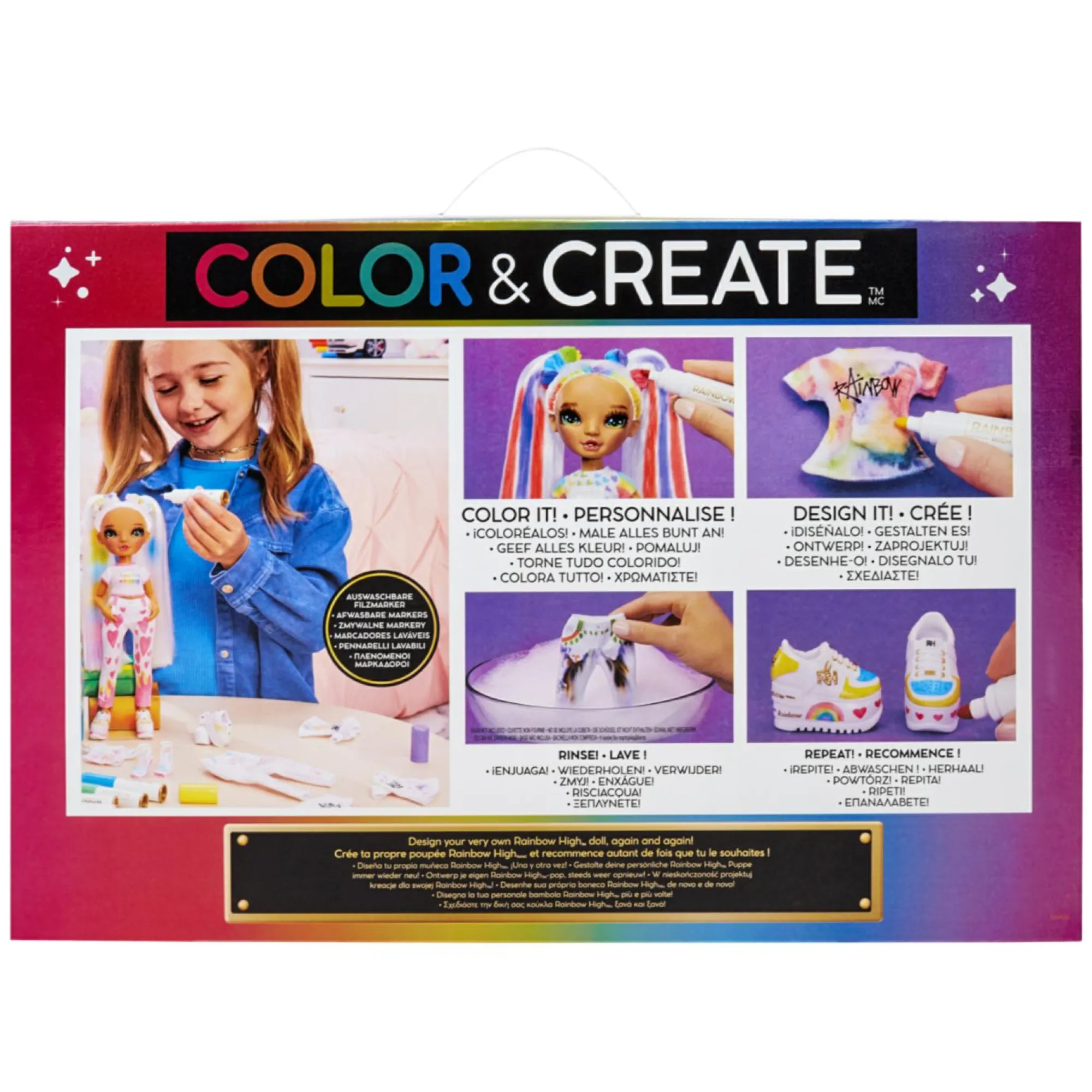 Rainbow High color & create diy fashion doll deluxe playset con pennarelli lavabili, occhi verdi, capelli lisci, vestiti bonus, portapacchi> Fashion Dolls