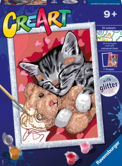 RAVENSBURGER – creart serie d: gattino e il suo orsetto, kit per dipingere con i numeri, contiene una tavola prestampata, pennello, colori e accessori, gioco creativo per bambini 9+ anni> Kit Artistici E Pittura