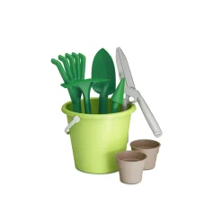 Secchiello giardino con accessori – 4 colori: secchiello verde chiaro, paletta, picozza, piantatoio, rastrello verde, forbici grigie, vasetti marroni> Giocattoli Mare