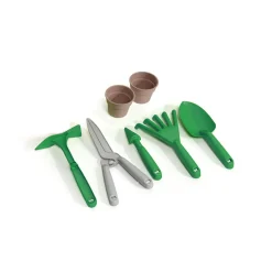 Secchiello giardino con accessori – 4 colori: secchiello verde chiaro, paletta, picozza, piantatoio, rastrello verde, forbici grigie, vasetti marroni> Giocattoli Mare
